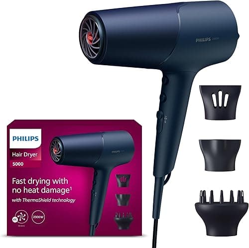 Philips -Hair Dryer 5000 Series, ThermoShield Technology, Ionic Care, 2300 W, Metallic Blue, with 9 mm and 11 mm Styling Nozzle Volume Diffuser, BHD510/20