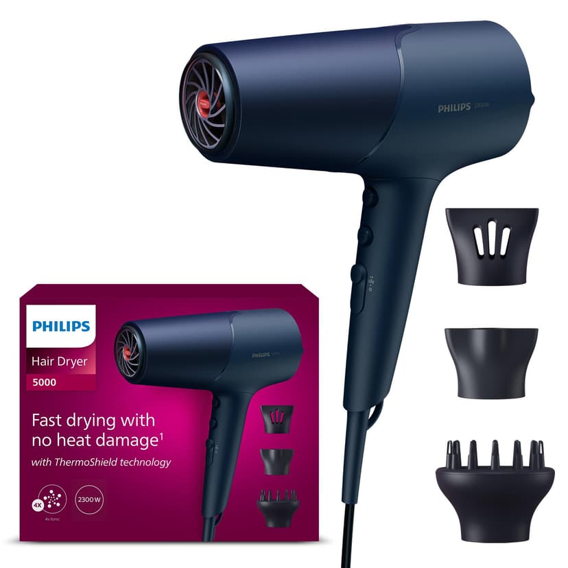 Philips -Hair Dryer 5000 Series, ThermoShield Technology, Ionic Care, 2300 W, Metallic Blue, with 9 mm and 11 mm Styling Nozzle Volume Diffuser, BHD510/20 - 1