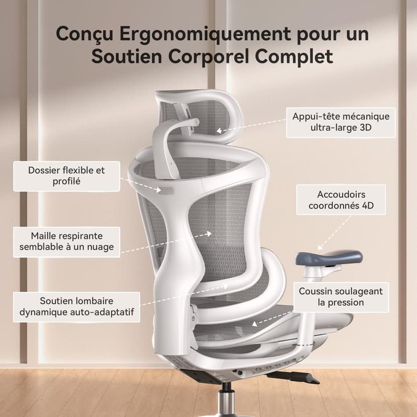 SIHOO Doro C300 Chaise de Bureau Ergonomique avec Accoudoirs Ultra Doux en 3D, Soutien Lombaire Dynamique pour Chaise Bureau à Domicile, Fauteuil de Bureau avec Dossier réglable(Grigio) - 4