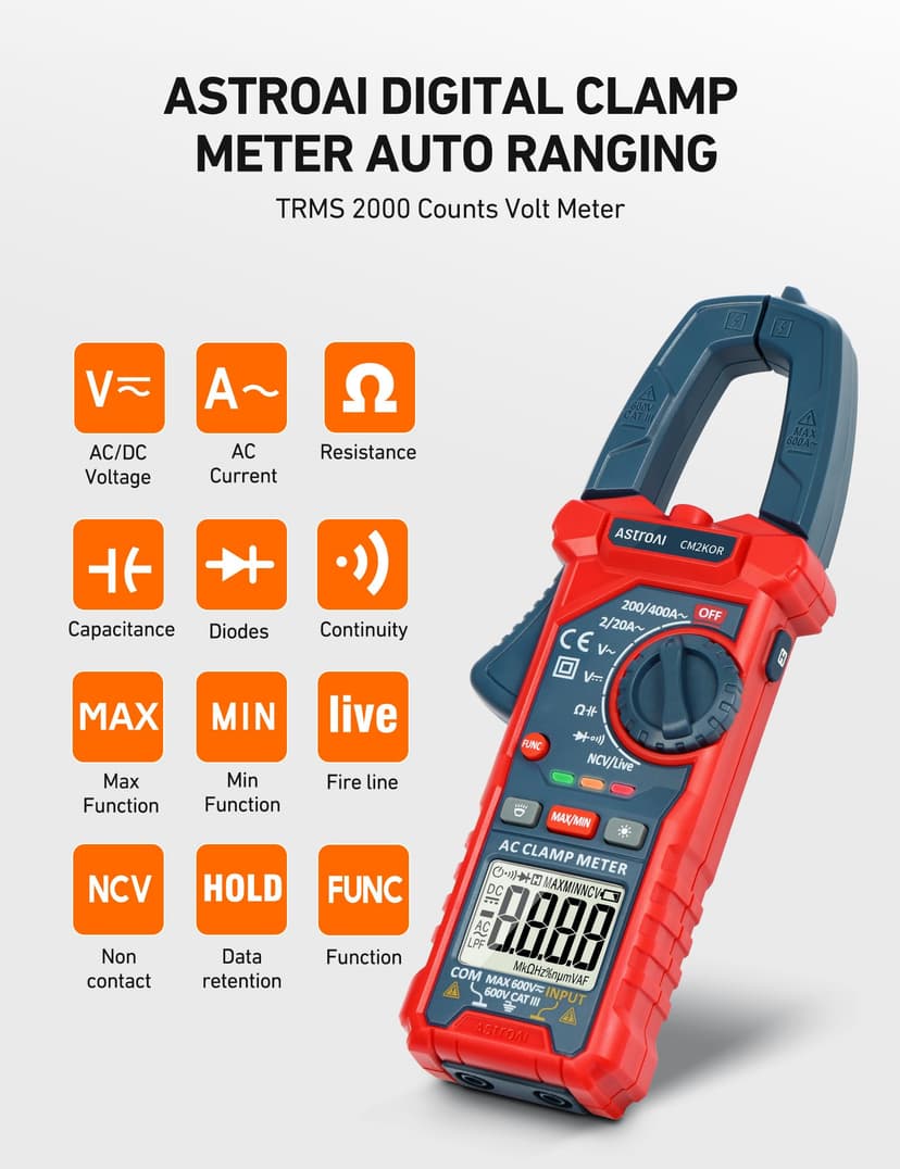 AstroAI Digital Clamp Meter Multimeter 2000 Counts Amp Voltage Tester Auto-ranging with AC/DC Voltage, AC Current, Resistance, Capacitance, Continuity, Live Wire Test, Non-Contact Voltage Detection - 2