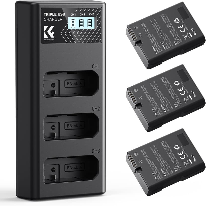 K&F CONCEPT 3 pack EN-EL14 Battery and Charger, Compatible with Nikon D5300 D5600 D5100 D5200 D5500 D3100 D3200 D3300 D3400 D3500 Coolpix P7000 P7100 P7200 P7700, P7800 Cameras - 1