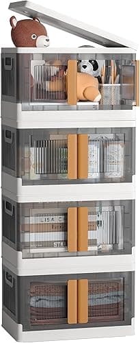 NETEL 4x 45L Empilable Boîte de Rangement avec Couvercle et Verrouillable Porte, Pliable Bac de Rangement Plastique avec Roulettes, Grande Caisse Rangement Organisateur pour Cuisine, Salon et Chambre