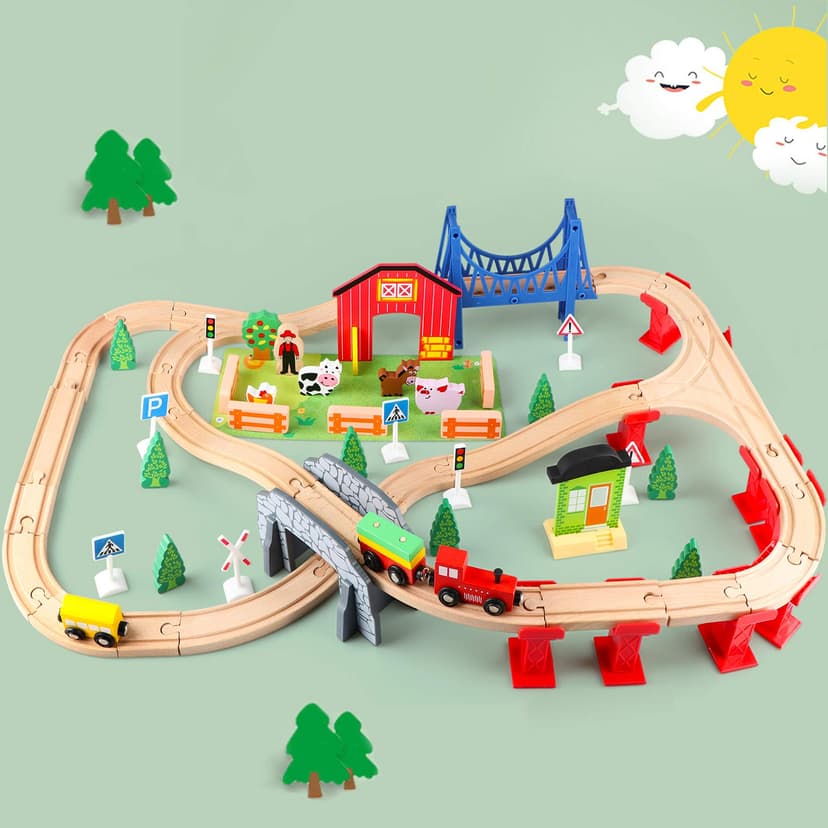 Jacootoys 80PCS Wooden Train Tracks Set Magnetic Trains Educational Construction Toy Wooden Car Tracks Vehicles for Kids 3+ Years Old Girls Boys - 7