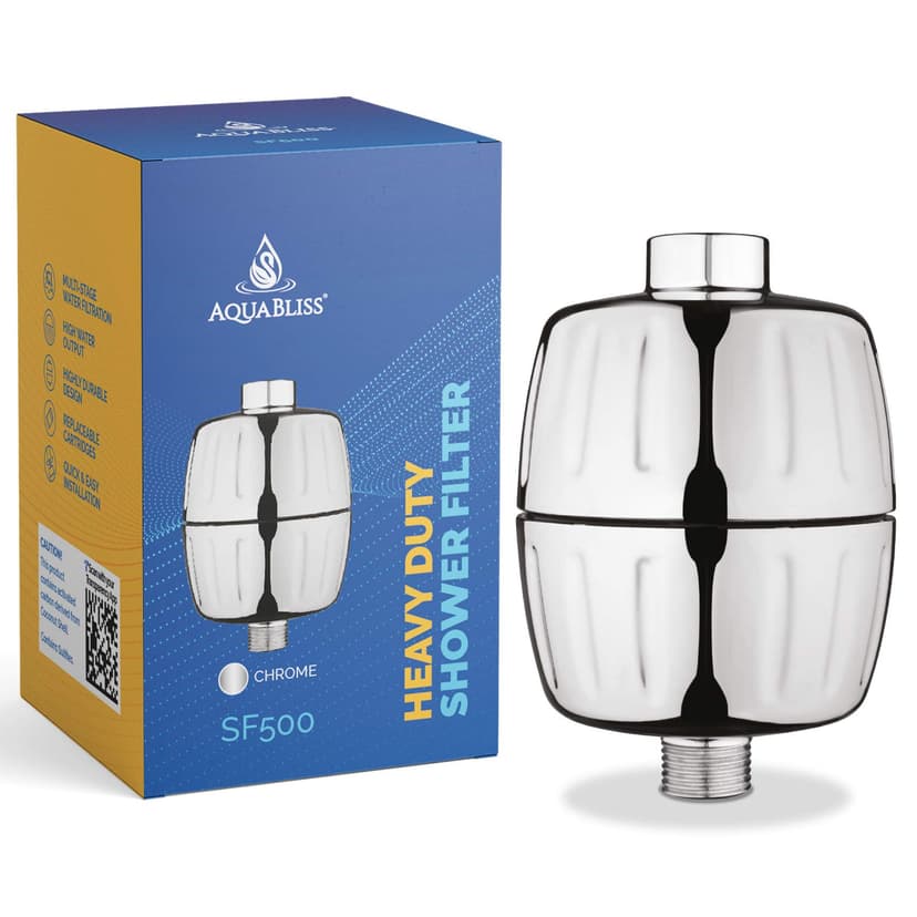 AquaBliss HD Heavy Duty High Output Shower Filter – Latest Superior Advanced 30x Filter Media - Universal Multi-Stage Shower Head Filter for Chemicals, Chlorine, Pesticides (SF500) - Chrome - 1