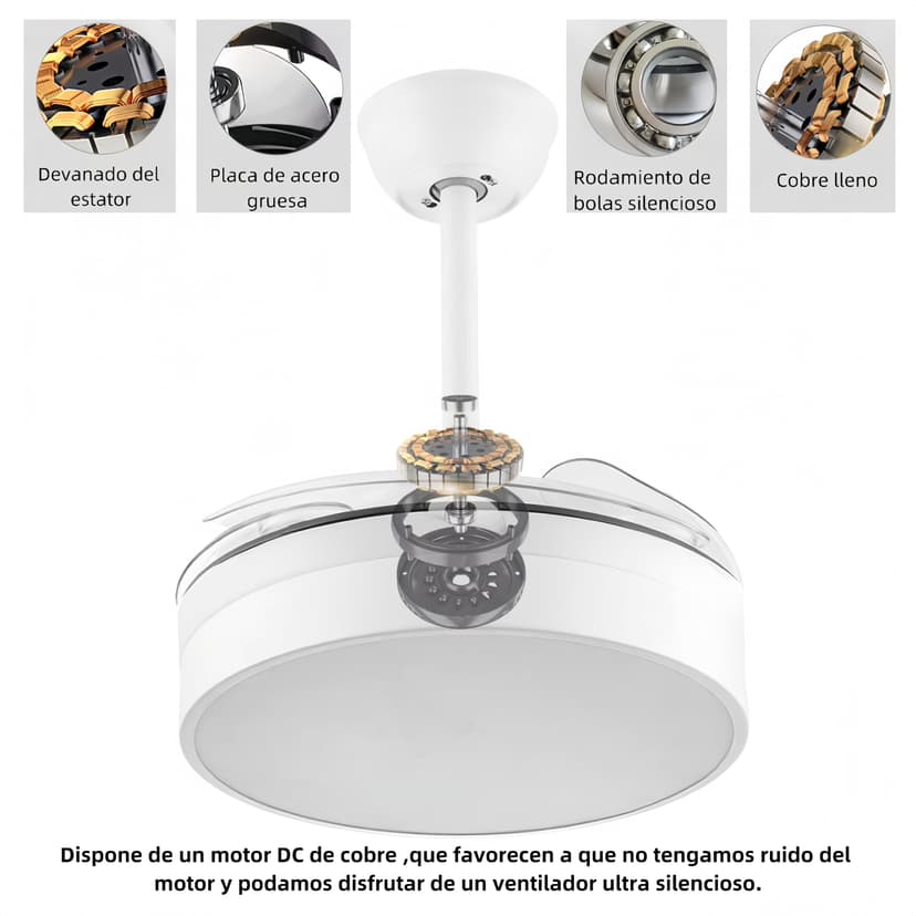 Ventilateur avec lumière LED 72 W Ventilateur invisible Ultra silencieux avec télécommande et pales rétractables Φ52 x H40 cm Décoration lumière froide/neutre/chaude intérieure Plafonnier éclairage - 6