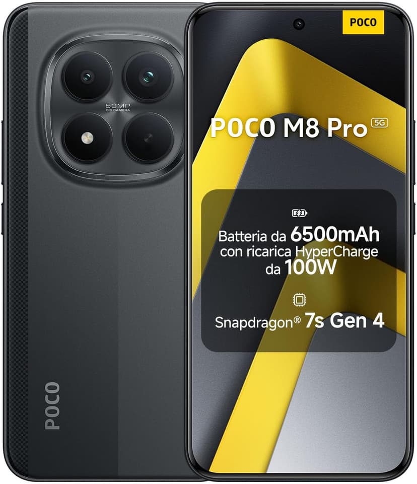 Xiaomi POCO M8 Pro, Smartphone 8+256 Go, Écran AMOLED CrystalRes 1,5K de 6,83", Snapdragon® 7s Gen 4, 50 Mpx Light Fusion 800 avec stabilisateur, Noir, Garantie 2 Ans, Chargeur Non Inclus - 1