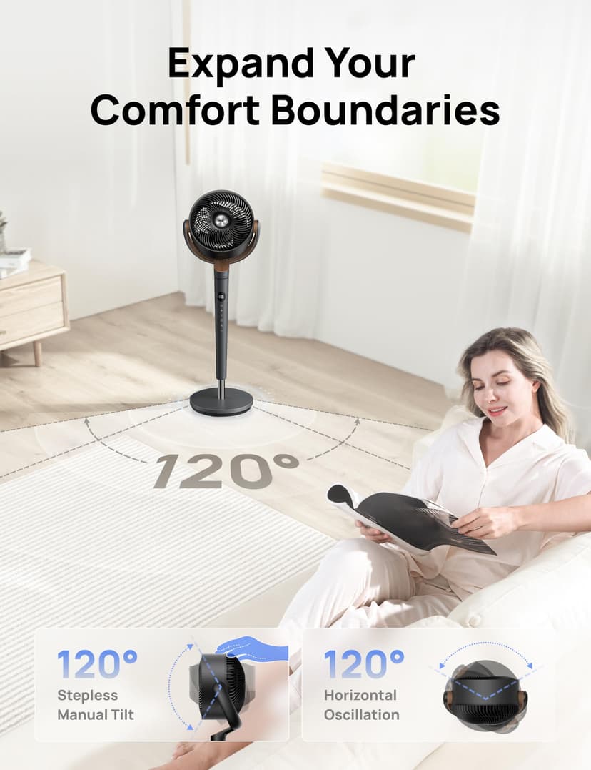 Dreo Fan for Bedroom, 120° Oscillating Standing Pedestal Fan, DC Motor, 80ft Air Circulator for Whole Room, 8 Speeds, 3 modes, 120° Manual Vertical Tilt, Quiet, 23dB, 35-40" Adjustable Height, Timer - 5
