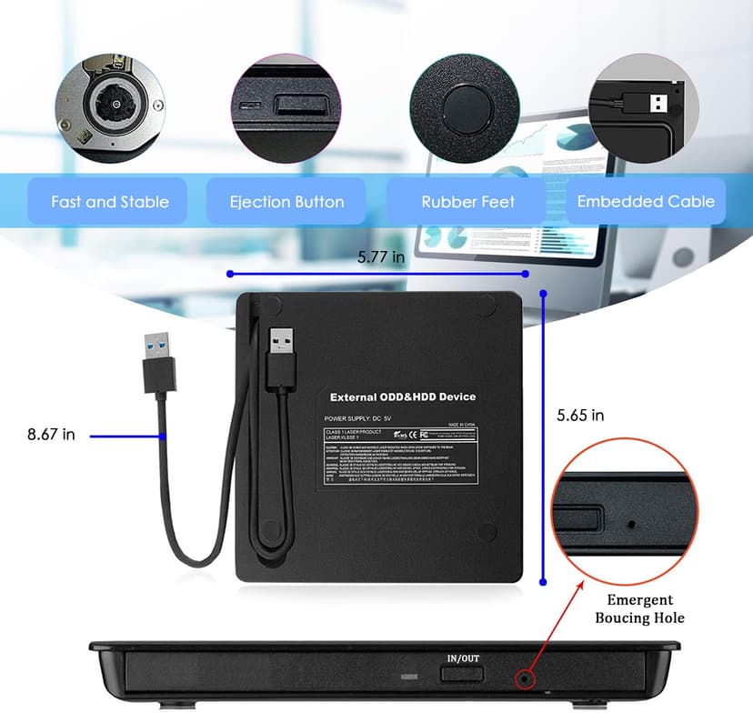 Lecteur CD DVD Externe,Antika USB 3.0 Portable Graveur et Lecteur de CD-RW/DVD-RW Portable Compatible avec Ordinateurs Windows XP/7/8/10 Mac, MacBook Air/Pro - 5