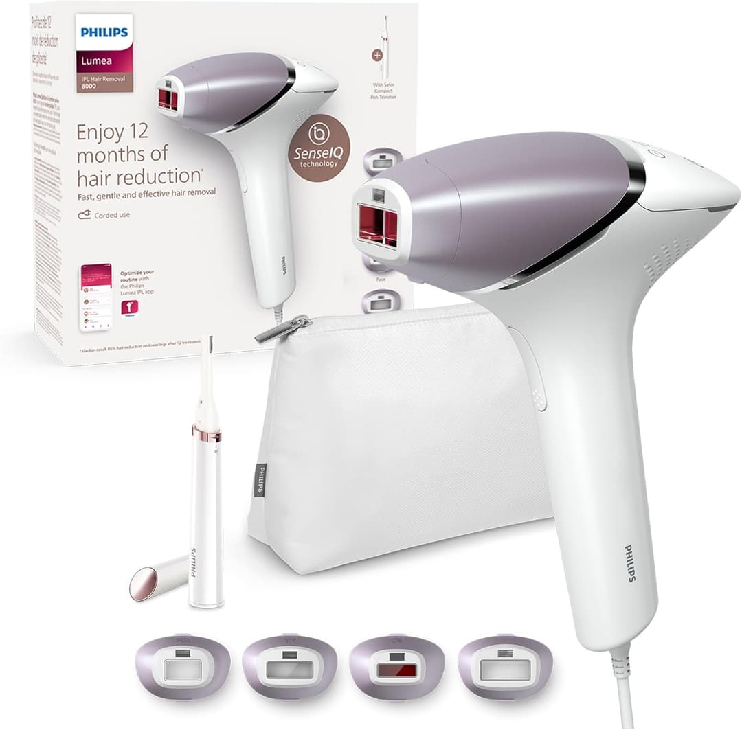 Philips Lumea 8000 Series IPL Hair Removal Device - Laser Hair Removal Alternative, SenseIQ Technology, 4 Attachments for Body, Face, Bikini and Underarms, Satin Compact Pen Trimmer, Model BRI949/00