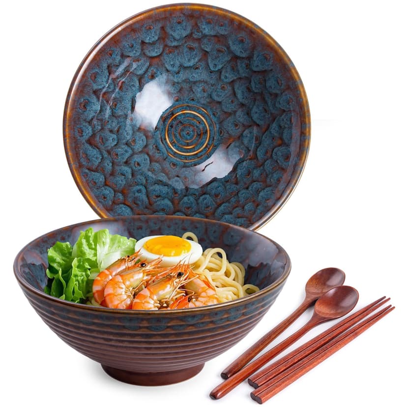 1200ml Ceramic Ramen Bowl Set of 2 Japanese Noodle Bowls with Spoons and Chopsticks, Peacock Tail - 1