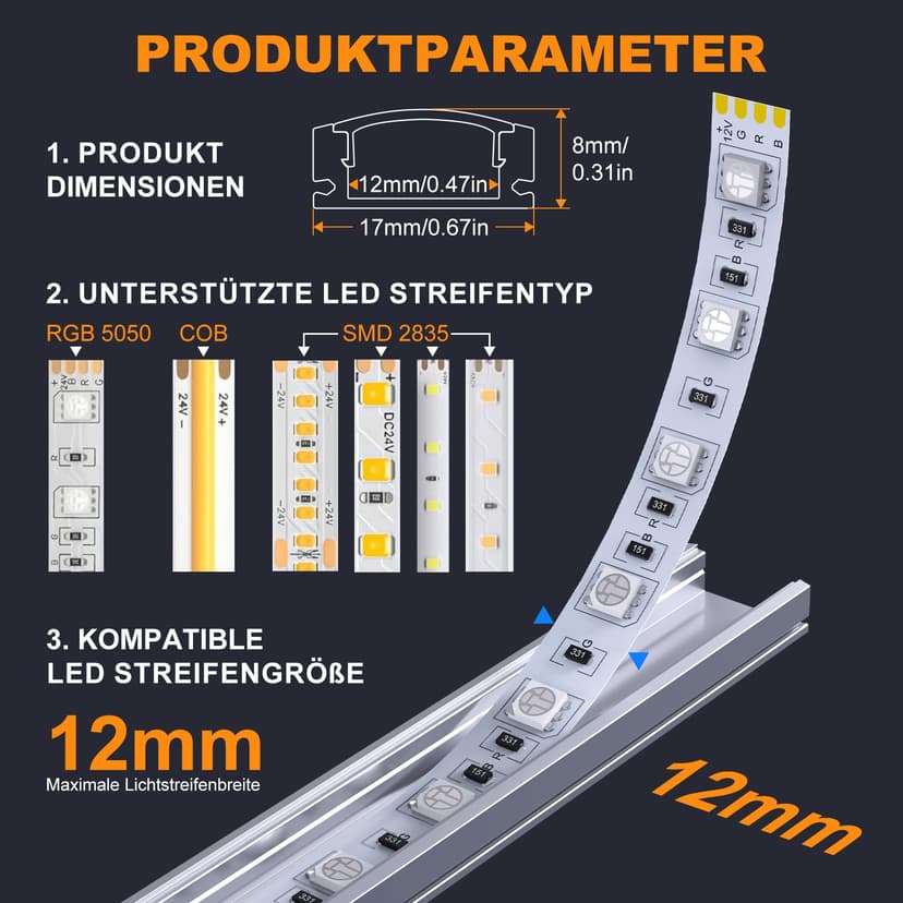 Chesbung Lot de 6 profilés LED en aluminium 1 m en forme de U pour bandes LED jusqu'à 12 mm avec couvercles en blanc laiteux, embouts et matériel de montage - 3