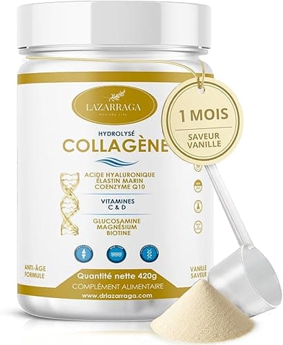 COLLAGÈNE HYDROLYSÉ COMPLEX 9 EN 1 | Élastine marine + Acide hyaluronique + Coenzyme Q10 + Glucosamine + Biotine + Vitamines C & D + Magnésium | Pour les articulations et la peau | 420g goût vanille |
