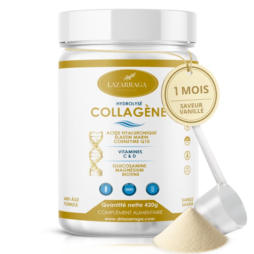 COLLAGÈNE HYDROLYSÉ COMPLEX 9 EN 1 | Élastine marine + Acide hyaluronique + Coenzyme Q10 + Glucosamine + Biotine + Vitamines C & D + Magnésium | Pour les articulations et la peau | 420g goût vanille | - 1