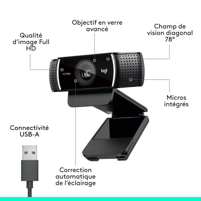 Logitech C922 Pro Stream Webcam, Streaming Ultrarapide HD 1080p/30ips/HD 720p/60ims, Audio Stéréo, Correction HD, Mise au Point Automatique, Youtube, Twitch, Camera PC/Mac/Portable/Macbook/Tablette - 7