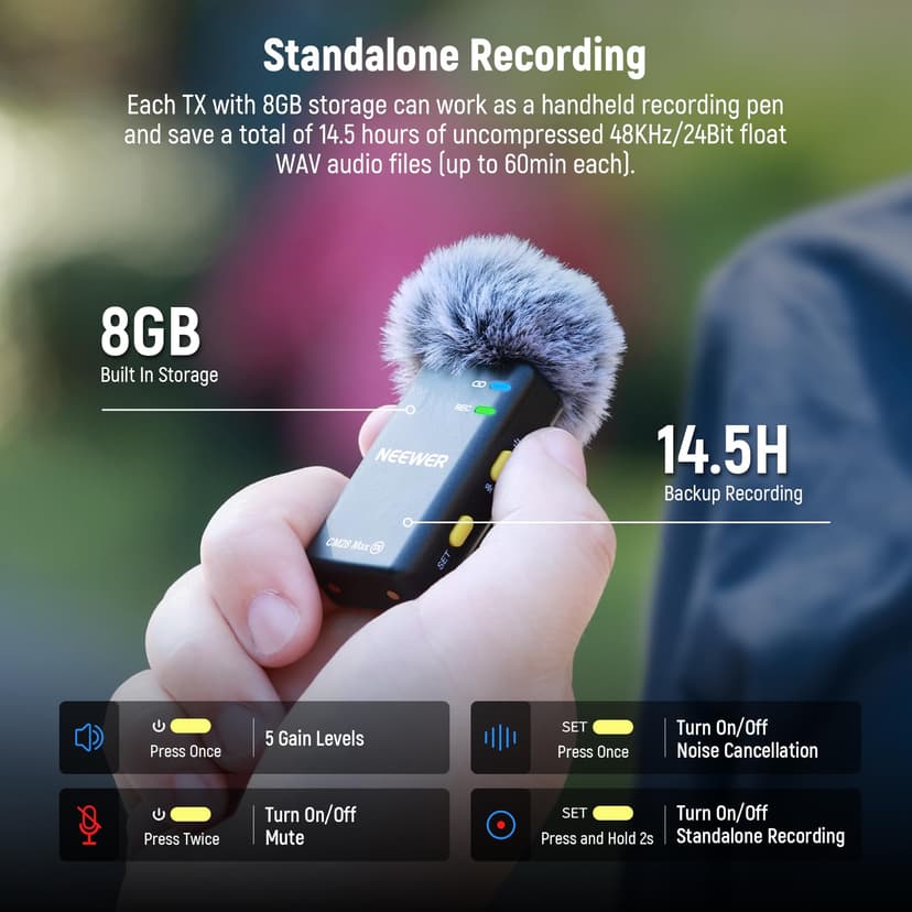 NEEWER CM28 Max Wireless Lavalier Microphone System with Charging Case 48KHz/24Bit Lossless Float Recording Noise Cancellation 8GB Storage 25Hrs Battery 300m Range for iPhone iPad Android Camera PC - 6