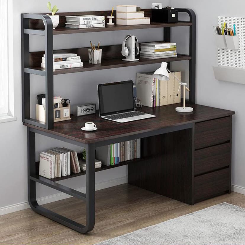 Industrial Computer Desk with Hutch and Bookshelf, 3 Draw… - 1