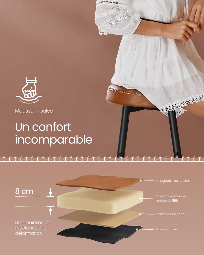 VASAGLE EKHO Collection - Tabouret de Bar, Lot de 2, Chaise de Cuisine, Haut, en PU avec Coutures, Style Moderne Mi-siècle, Hauteur Assise 63 cm, Cuisine, Bar, Montage Facile, Marron Caramel LBC080K01 - 7