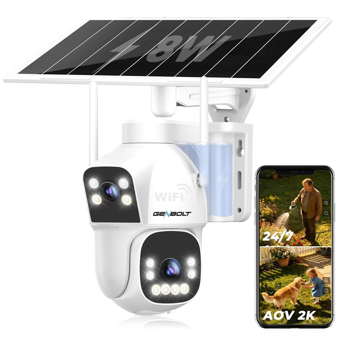 GENBOLT Solar WiFi Security Camera Outdoor Wireless, 8W 15600mAh Battery Powered Home Surveillance Camera CCTV with Dual View, Dual lens Spotlight IP Camera with Color Night, PIR Detection