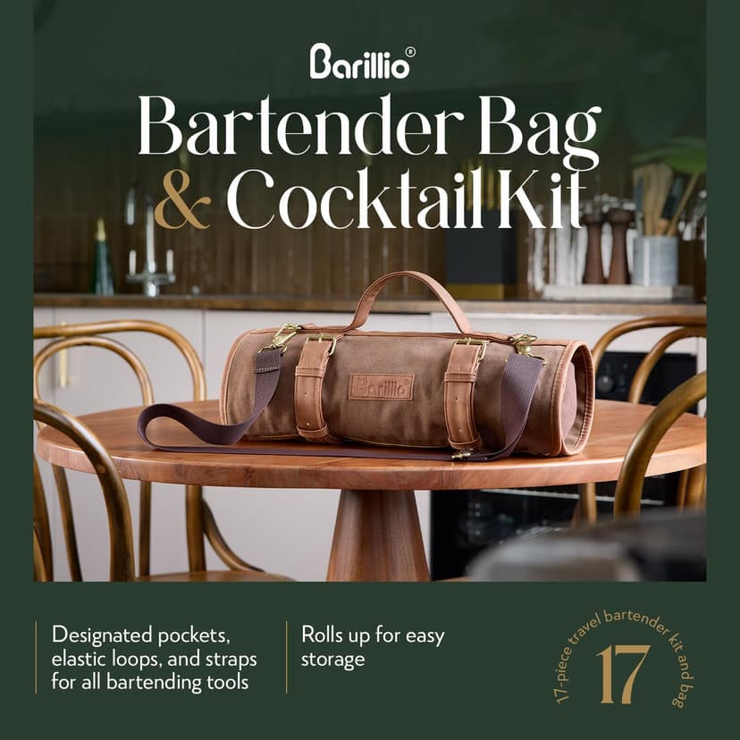 Barillio Bartender Bag Travel Bartender Kit Bag with Bar Tools | Professional 17-Piece Bar Tool Set with Portable Waxed Canvas Bag Including Shoulder Strap for Easy Carry | Travel Cocktail Set…… - 2