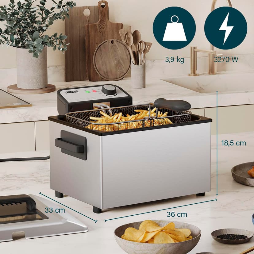 Princess Friggitrice, capacità 5 litri, 3270 W, tecnologia zona fredda, finestra di visualizzazione, acciaio inox, doppio termostato, facile da pulire, parti rimovibili, 01.184090.01.001 - 2