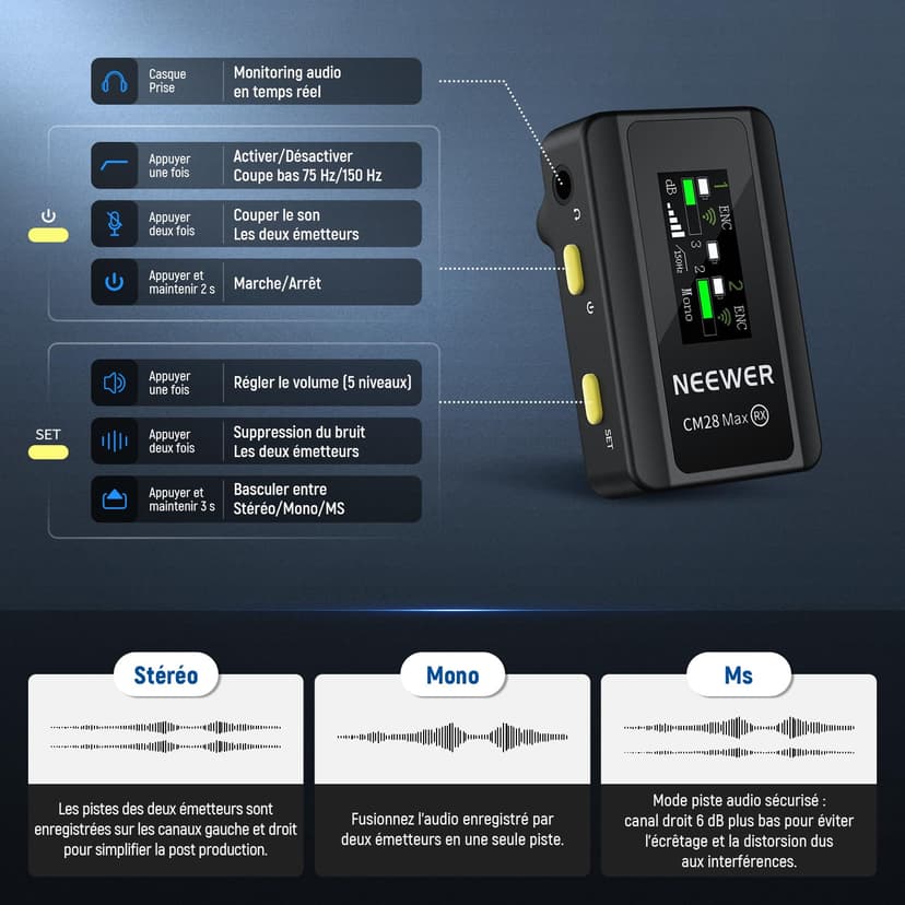 Neewer CM28 Max Système Micros Lavalier sans Fil Boîtier Chargement 48KHz 24Bit Stockage 8GB 25H Portée 300m Enregistrement Vidéo Micro à Annulation Bruits pour iPhone iPad Android Appareil Photo PC - 4