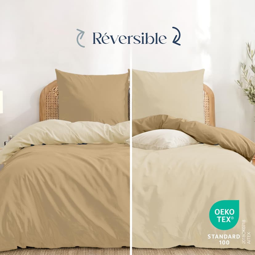 Twinzen Housse De Couette 200x200 cm Réversible, avec 2 Taie Oreiller 65x65 cm, Beige/Sable - Parure de Lit 200x200 en Microfibre - Oeko-Tex - 3