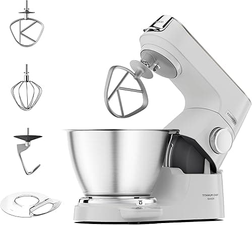 Kenwood Titanium Chef Baker KVC65.001WH, Robot Patissier Avec Balance Intégrée, Incl. Ensemble Pâtisserie 3 Pièces, Spatule & Protection Éclaboussures, 1200W, Blanc