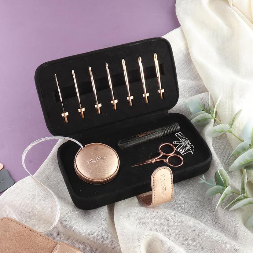 KnitPro Oasis Interchangeable Crochet Hook Starter Set with Wooden Handle - for Both Beginner and Experienced Crocheters - 1 Set, Rose Gold, 2.00-5.00mm - 5