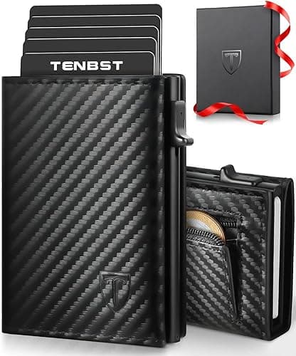 TENBST Men's Slim Wallet with Coin Compartment, Card Case with RFID Protection, Wallet for Men, Credit Card Holder Small with Gift Box, carbon black, 1, Minimalist