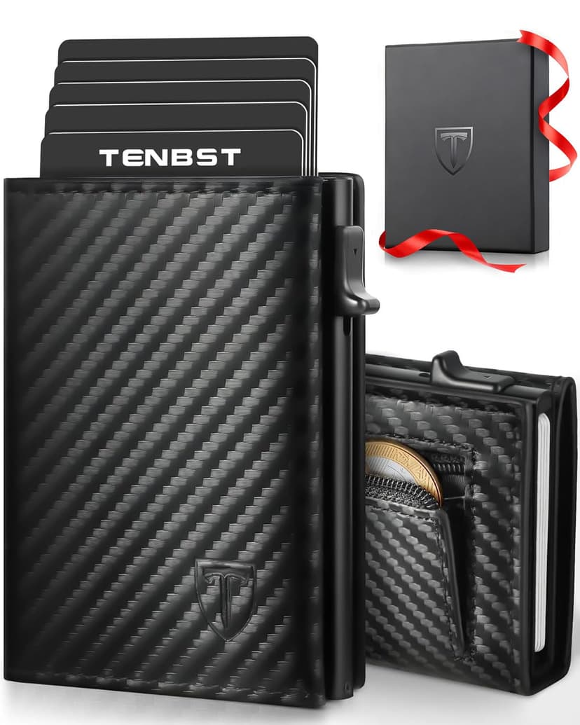 TENBST Men's Slim Wallet with Coin Compartment, Card Case with RFID Protection, Wallet for Men, Credit Card Holder Small with Gift Box, carbon black, 1, Minimalist - 1