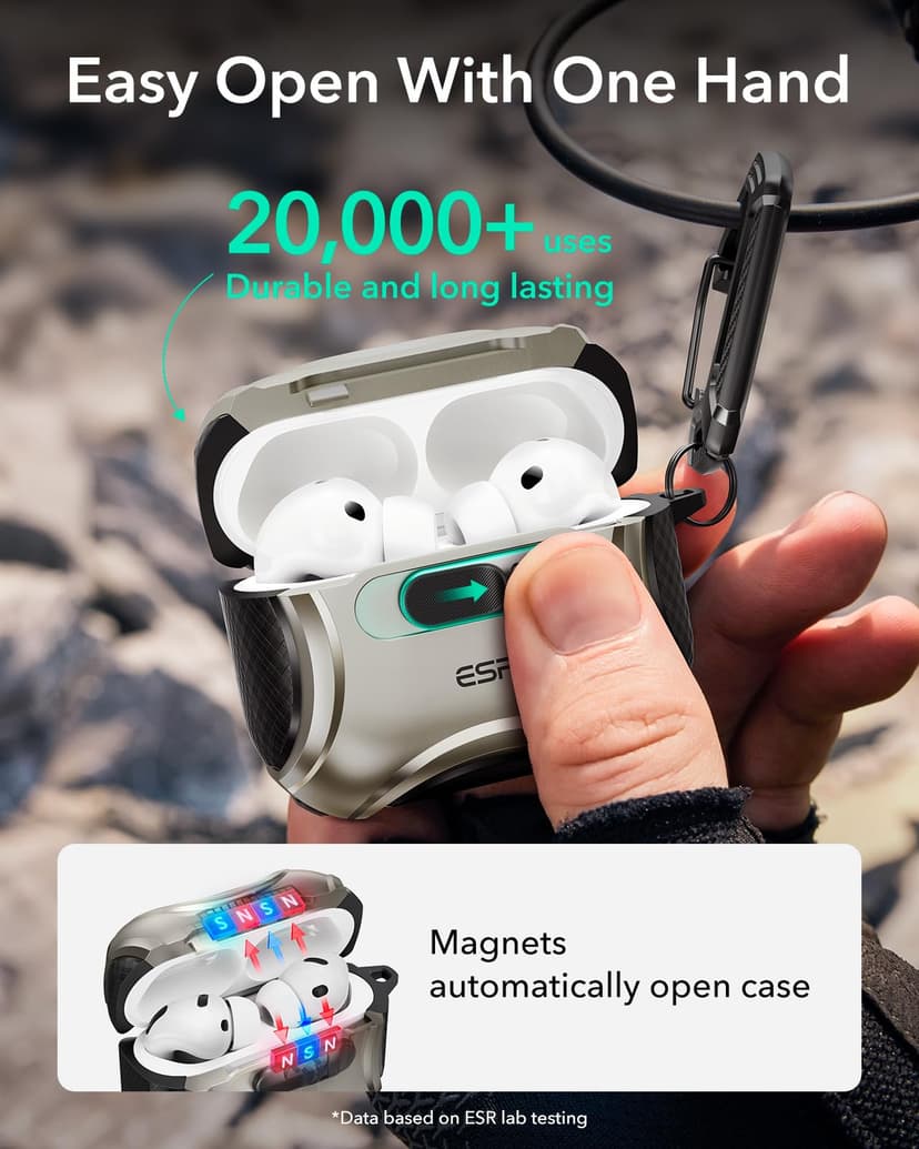 ESR Coque pour AirPods Pro 3 (2025), Compatible avec Les AirPods Pro 3e Génération (câble USB-C), MagSafe Simplifié, Verrouillage Antichute, Ouverture Facile, Série Cyber, Titane - 5