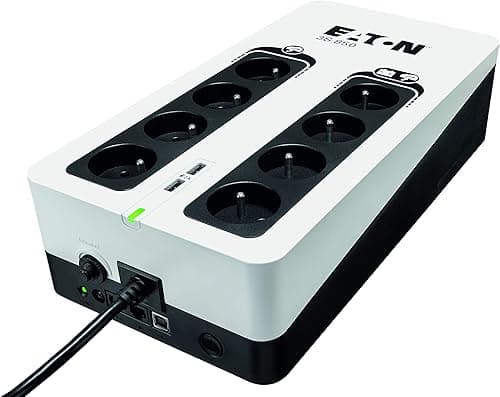 Eaton Onduleur Parafoudre 3S 850 FR - Off-Line UPS - Alimentation sans Interruption - Puissance 850VA (8 Prises FR, Silencieux, 2 Ports de Charge USB Type-A) - Interface USB - Noir&Blanc (3S850F)