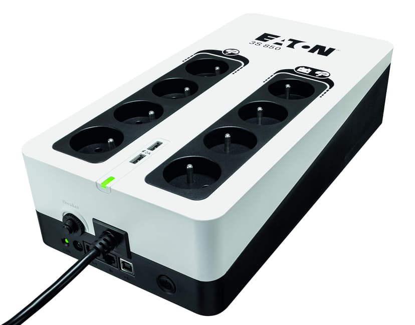 Eaton Onduleur Parafoudre 3S 850 FR - Off-Line UPS - Alimentation sans Interruption - Puissance 850VA (8 Prises FR, Silencieux, 2 Ports de Charge USB Type-A) - Interface USB - Noir&Blanc (3S850F) - 1