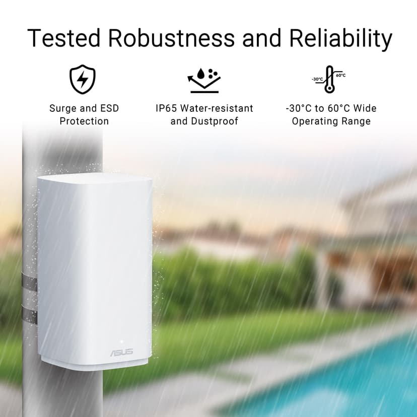ASUS ZenWiFi BD4 Outdoor - Pack de 1 - Système WiFi 7 Mesh - Double-Bande, 3600 Mbps, 235m2, Double Ports 2,5G, Alimentation PoE, résistance IP65, jusqu'à 3 SSID, contrôle Parental et VPN - 5
