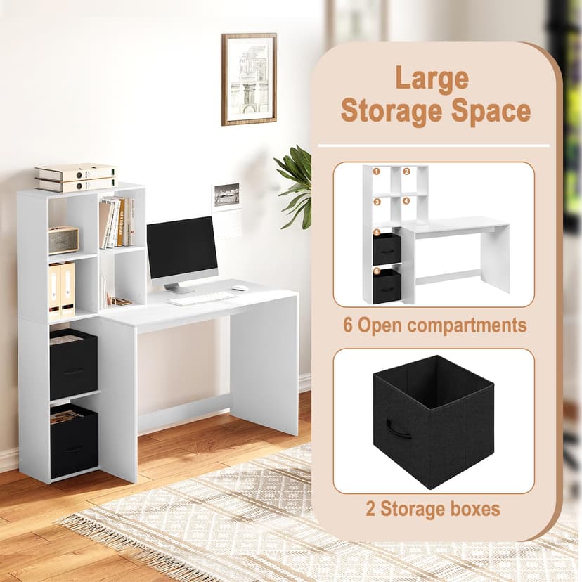 WOLTU Desk with Bookcase, Office Desk, Bookcase with 6 Open Compartments and 2 TNT Boxes, Computer Desk, Study, Bedroom, 140.5 x 50 x 134 cm, Wood, White, TS184ws - 4