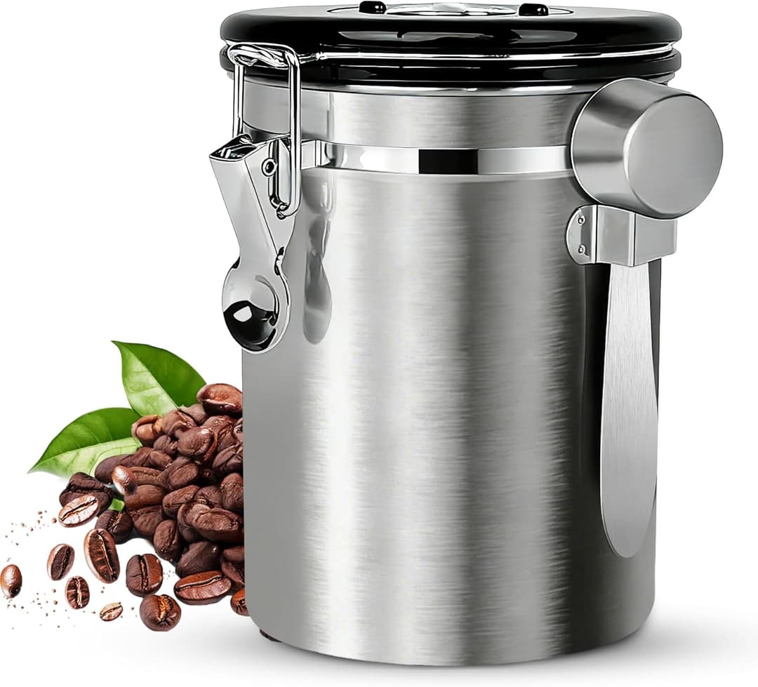BUCOMTU Airtight Stainless Steel Coffee Jar, 1.8 L Coffee Canister Airtight, Coffee Jars with Stainless Steel Spoon, Multifunctional Coffee Bean Container for Tea, Nuts, Cocoa, Longer and Stay Fresh