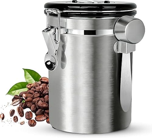 BUCOMTU Airtight Stainless Steel Coffee Jar, 1.8 L Coffee Canister Airtight, Coffee Jars with Stainless Steel Spoon, Multifunctional Coffee Bean Container for Tea, Nuts, Cocoa, Longer and Stay Fresh