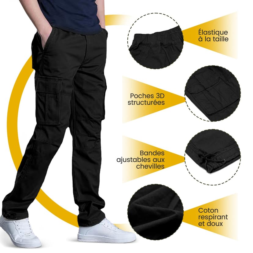 LBL Men's Summer Lightweight Cotton Breathable Multi Pockets Drawstring Adjustable Ankle Hiking Work Trousers, Black, XL - 5