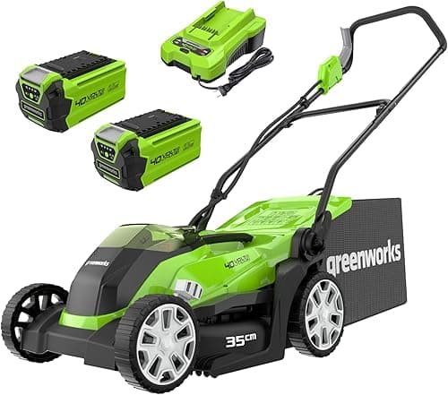 Greenworks 40V Cordless Lawnmower for Lawns up to 400m², 35cm Cutting Width, 40L Bag PLUS Two 40V 2Ah Batteries & One Charger, 3 Year Guarantee-G40LM35K2X, Green