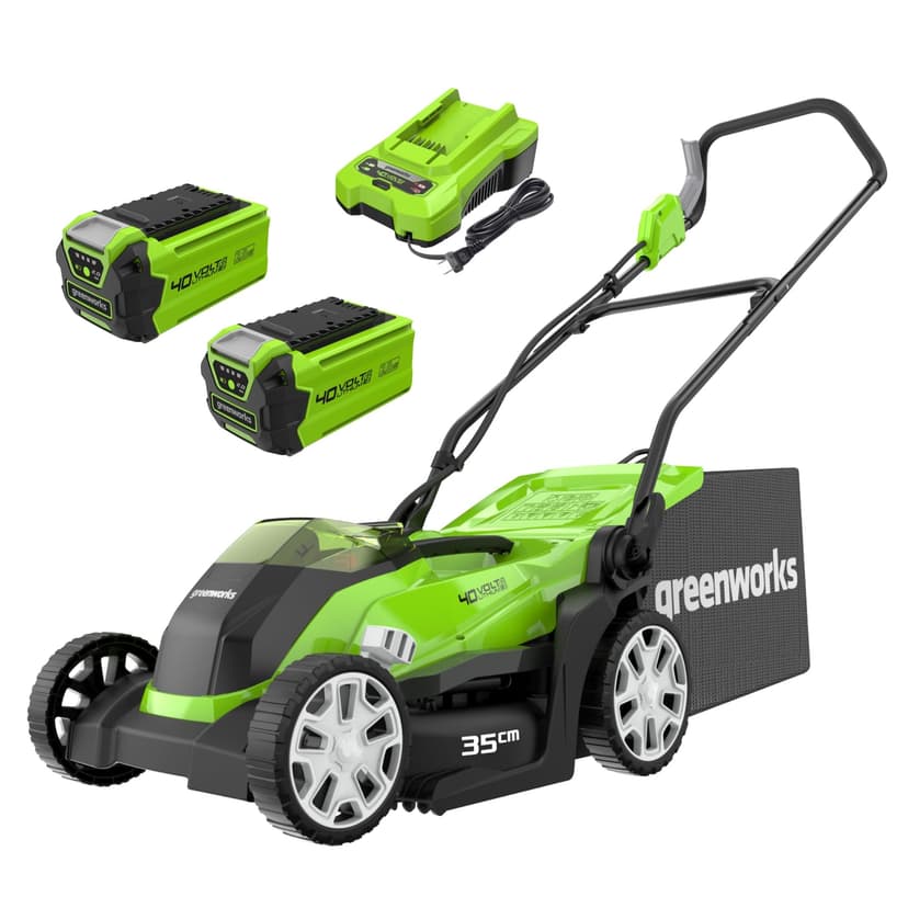 Greenworks 40V Cordless Lawnmower for Lawns up to 400m², 35cm Cutting Width, 40L Bag PLUS Two 40V 2Ah Batteries & One Charger, 3 Year Guarantee-G40LM35K2X, Green - 1