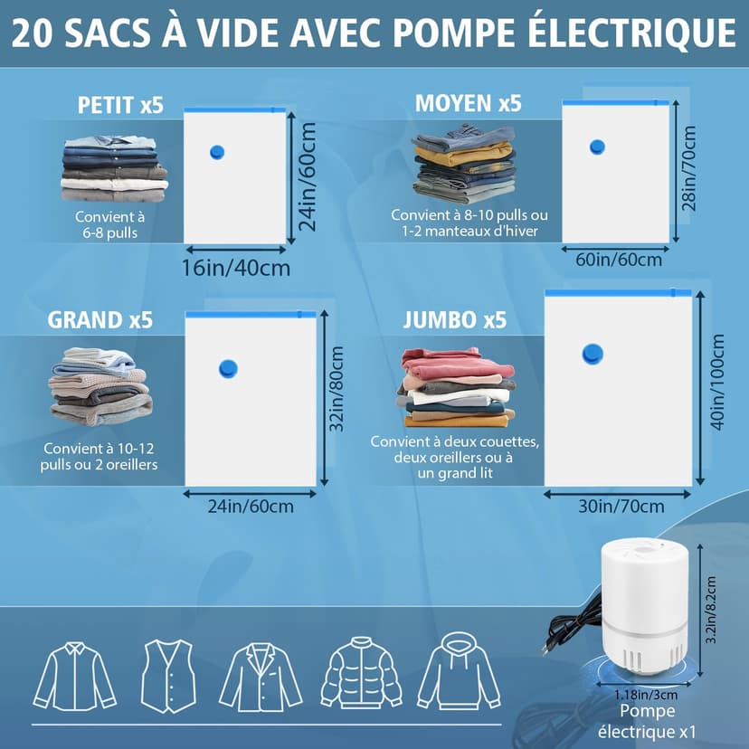 NATNAV Vacuum Bags for Clothes, Pack of 20 with Electric Air Pump, Vacuum Bags (5 x Jumbo/5 x Large/5 x Medium/5 x Small), Reusable Vacuum Bags for Duvets, Clothes, Travel, Pillows - 6