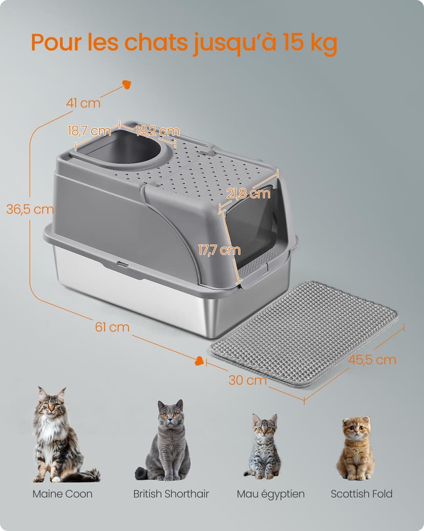 Feandrea Stainless Steel Cat Litter Box with Flip Lid, XL Enclosed Litter Box with Leak-Proof Design, Scoop, Brush, Dual Entry, for Cats up to 15 kg, Dove Grey PPT005G01 - 6