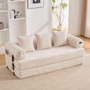 2 Seater Corduroy Sofa Bed, Multifunctional Modern Convertible Sofa, Side Pockets and 3 Cushions, DIY Free, for Living Room, Bedroom, Office (Beige-L) - 1