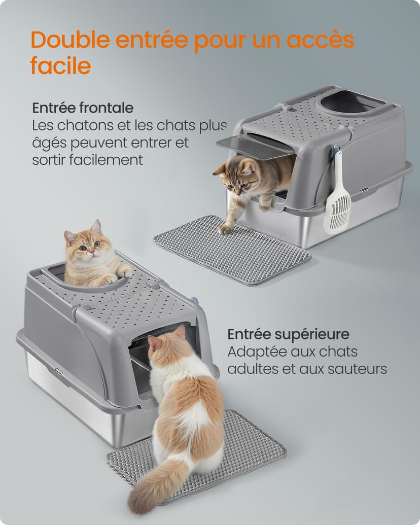 Feandrea Stainless Steel Cat Litter Box with Flip Lid, XL Enclosed Litter Box with Leak-Proof Design, Scoop, Brush, Dual Entry, for Cats up to 15 kg, Dove Grey PPT005G01 - 5