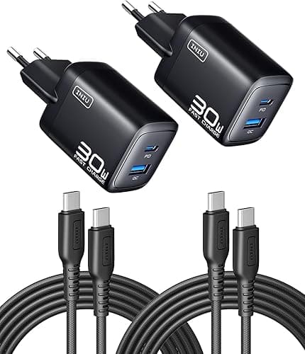 INIU Chargeur USB C, 30W 2-Port Prise USB C Chargeur Rapide avec 60W Câble, GaN Tech Super Charge Rapide pour iPhone 17 16 Pro Max, iPad Air, Galaxy S25 S24, Xiaomi 15, Pixel 10, Switch 2 etc