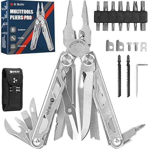 BIBURY Multitools, Multi Tool Foldable Pliers with Upgraded Scissors and Screwdriver Set, Stainless Steel Multitools with Nylon Pouch, Ideal for Camping, Outdoor, Repairing - Gift for Dad Men - Pro