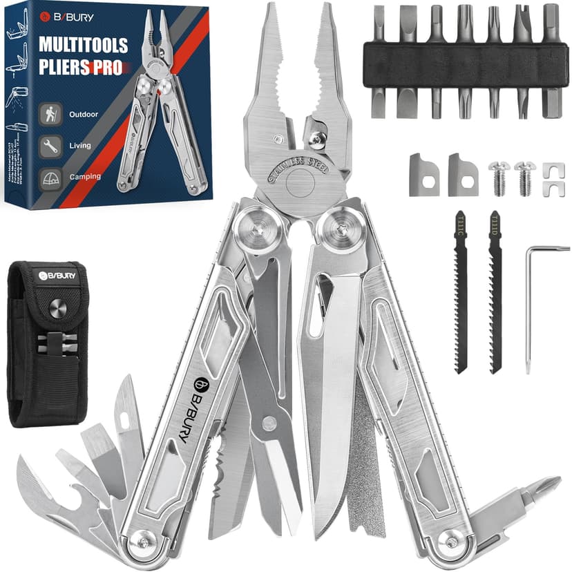 BIBURY Multitools, Multi Tool Foldable Pliers with Upgraded Scissors and Screwdriver Set, Stainless Steel Multitools with Nylon Pouch, Ideal for Camping, Outdoor, Repairing - Gift for Dad Men - Pro - 1