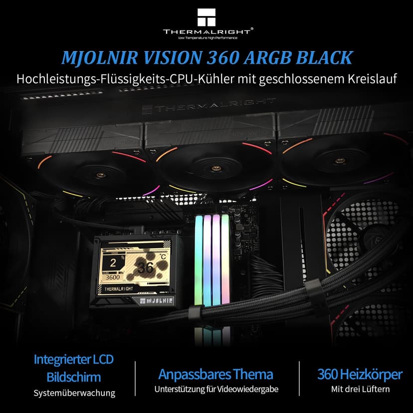 Thermalright Mjolnir Vision 360 ARGB Black-AIO CPU Liquid Cooler,Pantalla LCD IPS con resolución 320 * 240,para AM4/AM5 y LGA1700/1851,'3.5 inch'Pantalla LCD con imán para imágenes - 2