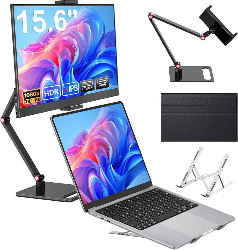 15.6" Full HD Portable Monitor 1920x1080 Pixels Portable Monitor with External HDR Eye Care Display with Type-C/USB-C, for Laptop/PC/Mac/PS45 (15.6 Inches - with Stand) - 1
