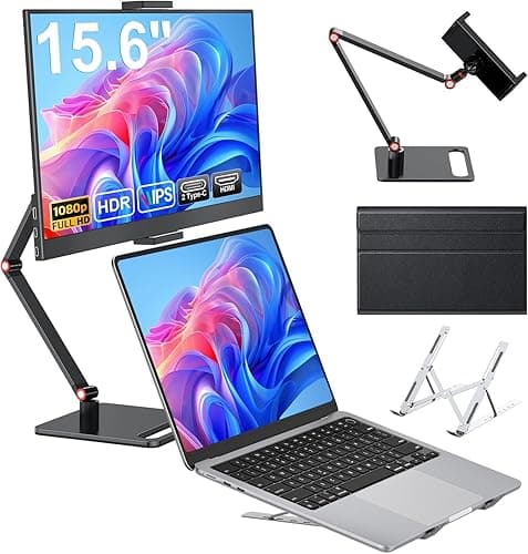 15.6" Full HD Portable Monitor 1920x1080 Pixels Portable Monitor with External HDR Eye Care Display with Type-C/USB-C, for Laptop/PC/Mac/PS45 (15.6 Inches - with Stand)